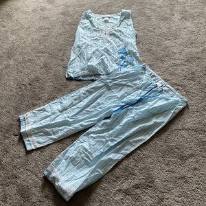 Earth Angels 2 Piece Pajama Set SIZE M Blue White Striped Cotton Sleepwear